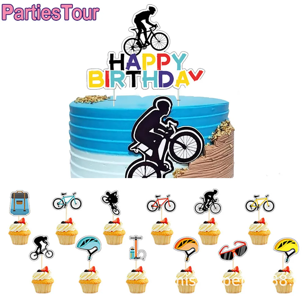 Bicycle Cake Topper Happy Birthday Cake Decor Cupcake Topper for Sports Theme Cake Topper Man\'s or Boy\'s Birthday Party Supplies