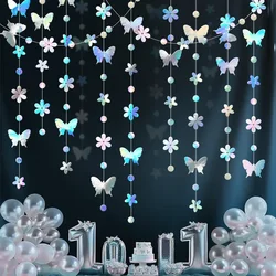 Iridescent Flower Butterfly Banner Girl Party Butterfly Hanging Paper Garland for Under The Wedding Birthday Christmas New Year