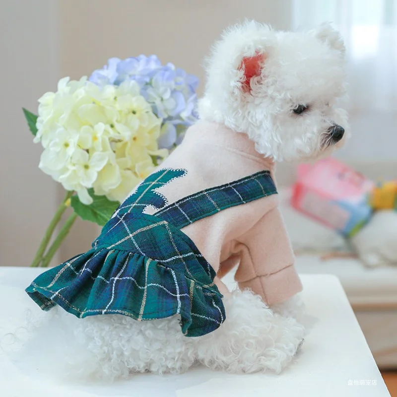 1PC Pet Clothes Cat Autumn/Winter Thick Bear Hug Green Plaid Princess Skirt Suitable for Small and Medium Dogs