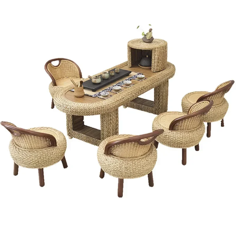 

Rattan balcony tea table and chair combination household small tea table simple office solid wood tea table kung fu small