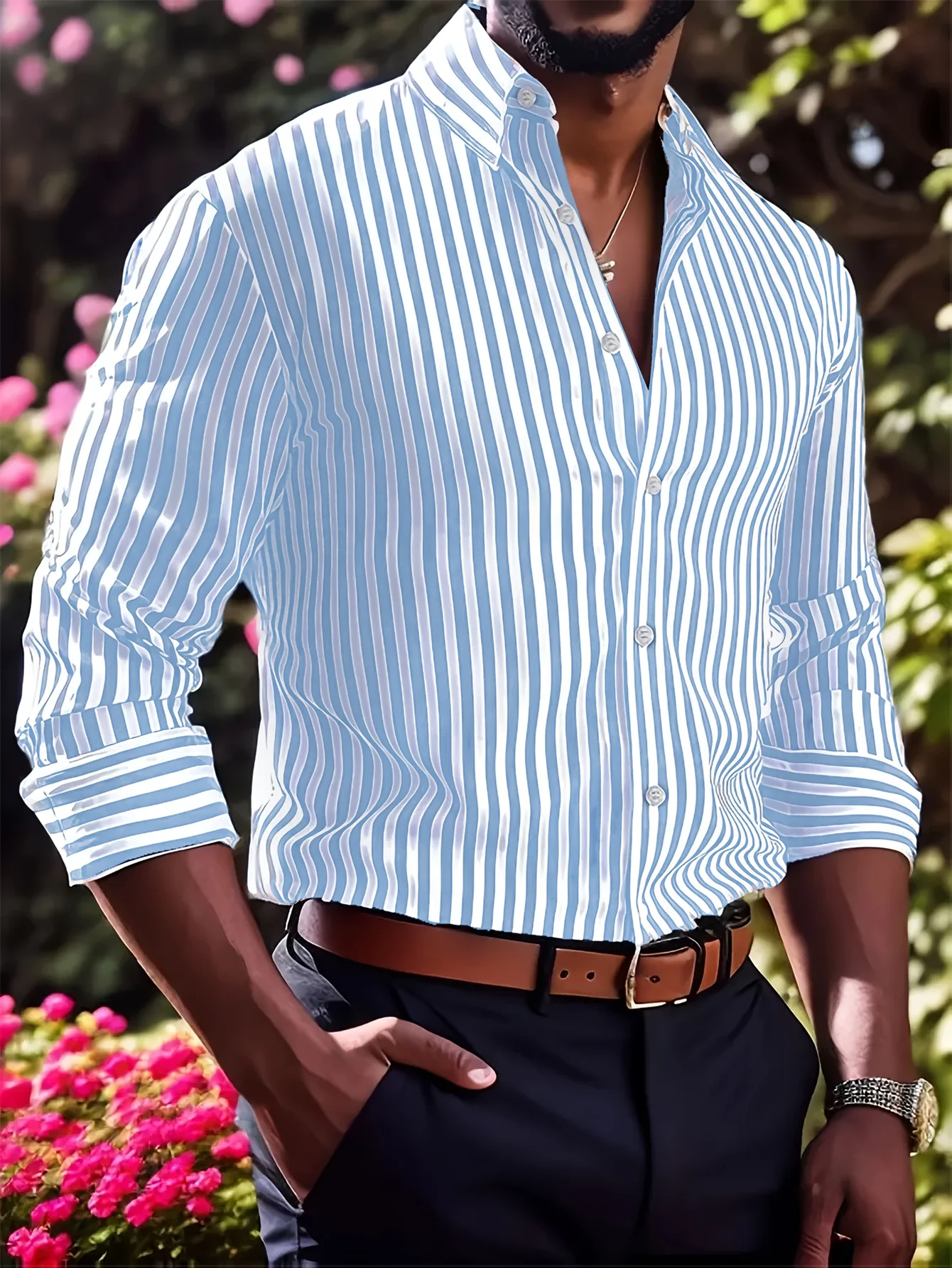 Men's blue and white vertical stripe lapel long sleeved shirt, business commuting casual button down shirt