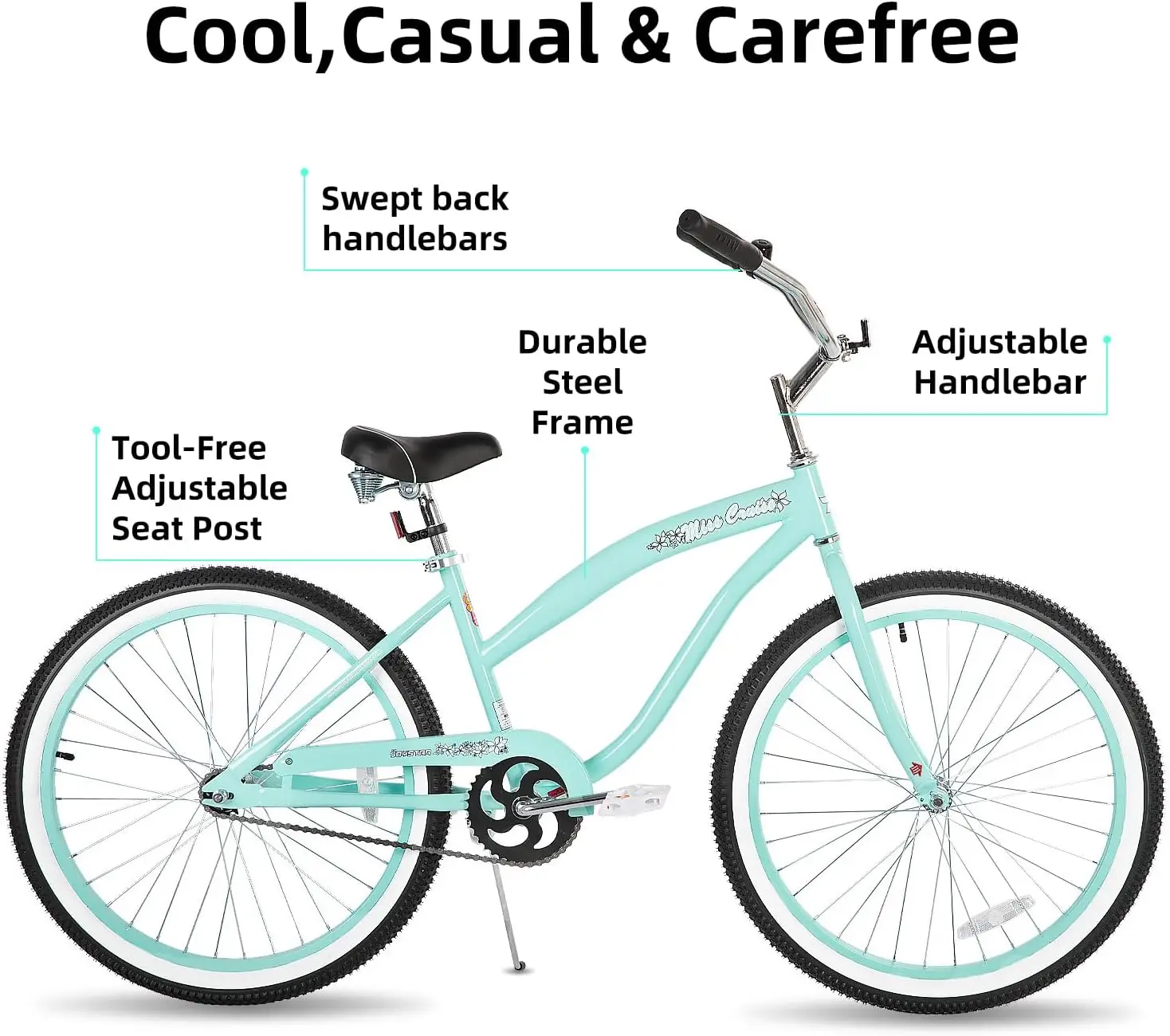 Bicicleta de praia cruiser de 24 "para meninas, meninos, homens e mulheres, bicicletas de cruiser infantis de velocidade única com freio de montanha-russa, Co múltiplo