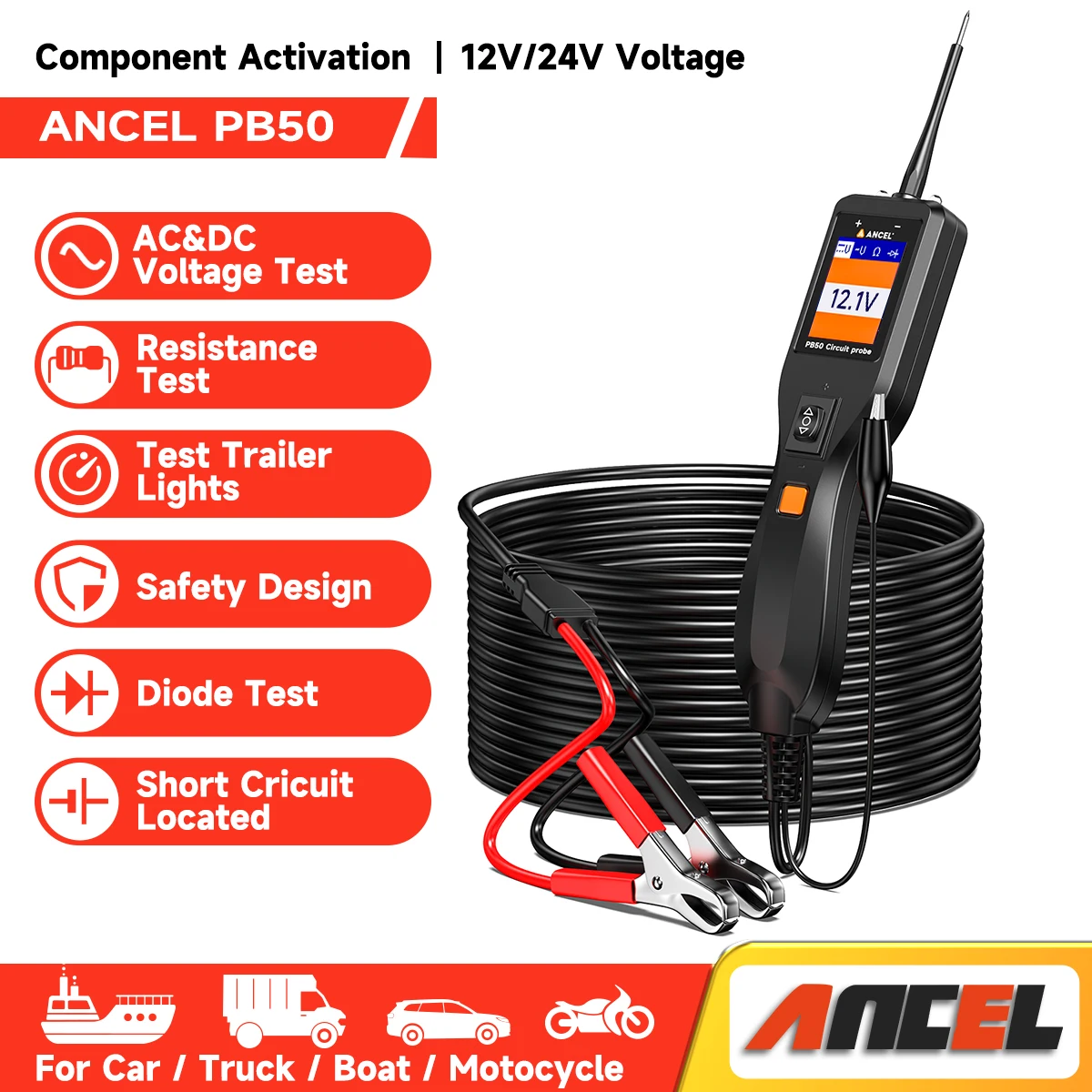 

ANCEL PB50 12/24V Car Electric Circuit Tester AC/DC Voltage Power Circuit Probe Kit Car Electrical Battery Resistant Tester