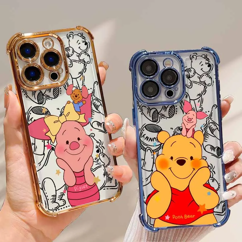 Funda Protectora para iPhone 17 AIR 16E 16 15 14 13 12 11 XS Pro Max mini Plus con Diseño de Winnie the Pooh, Acabado Plateado, Anti-Caídas