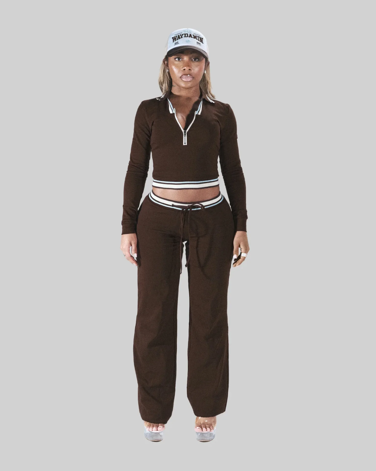 

STYLISH LADY Casual 2 Piece Outfit Striped Trim Zip Up Polo Top And Drawstring Wide Leg Pants Set 2026 Women Street Tracksuits