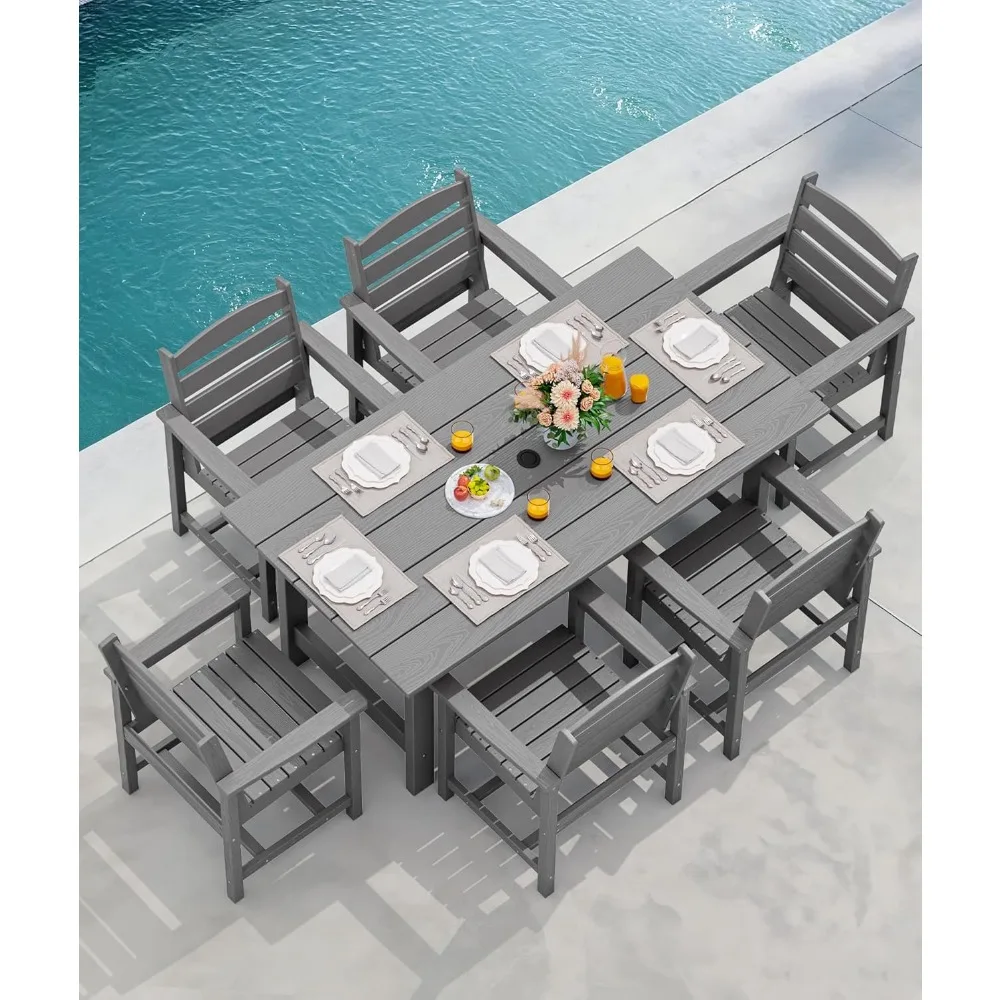 Outdoor HDPE Dining Table Set, 7-Piece Outdoor Dining Table Sets with Umbrella Hole Cut-Out Table and 6 Chairs, Gray