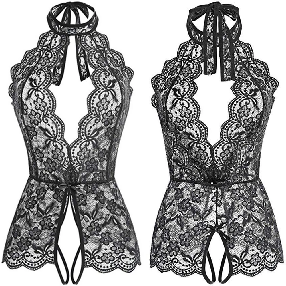 Sexy Lingerie Women\'s See-Through Open Crotch Lace Bodysuit Hollowed Out Teddy Outfit Tights Erotic Underwear Sex Costumes