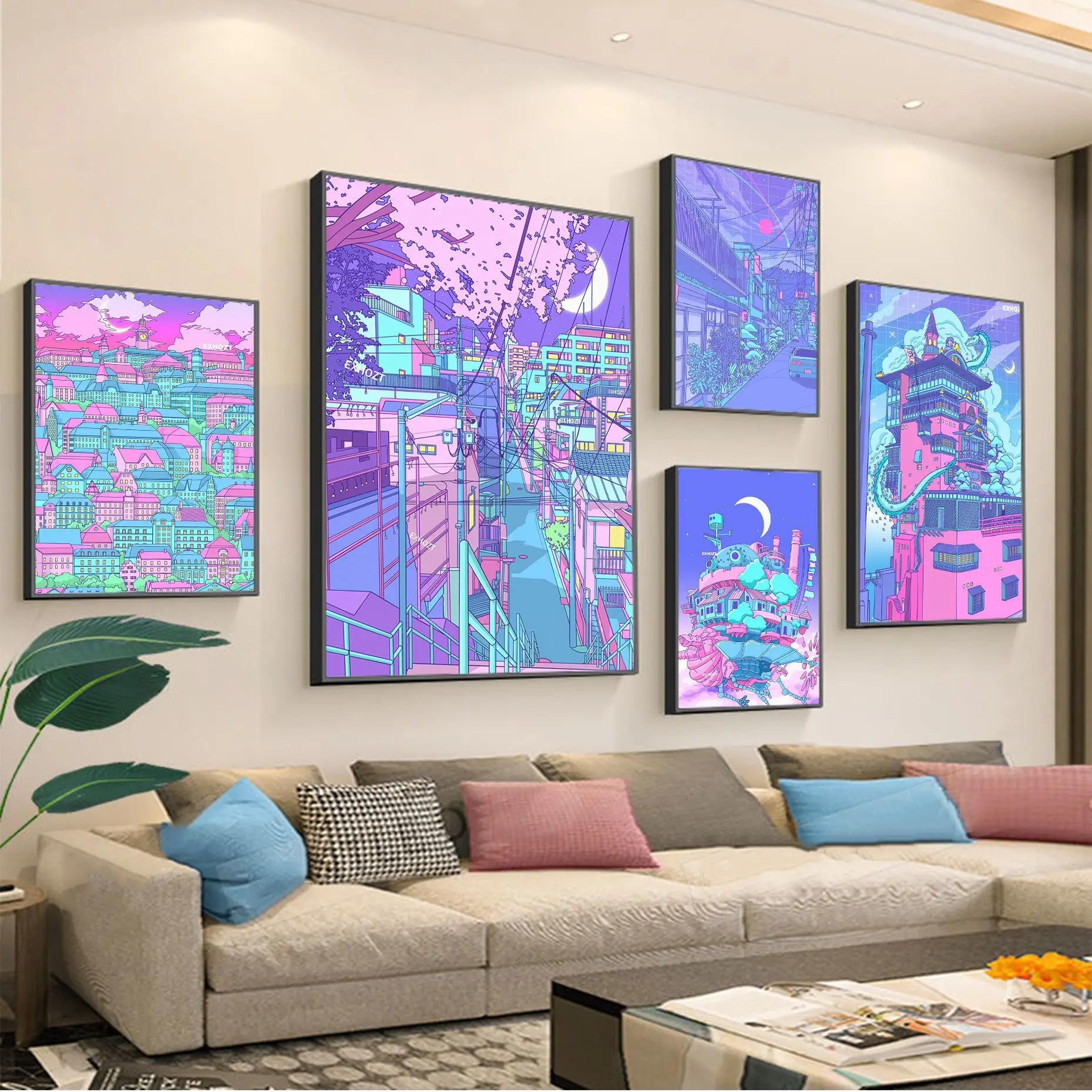 Neon 80s Vaporwave Style Self-adhesive Art Poster Decoracion Painting Wall Art White Kraft Paper Wall Decor