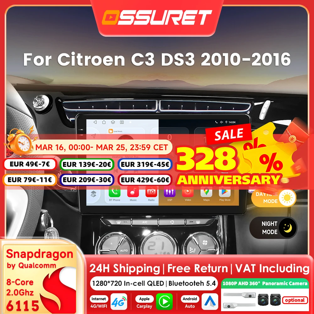 8Core AI Carplay Andriod 14 Autoradio Für Citroen C3 DS3 2010-2016 Multimedia-Player 360 Kamera GPS Bildschirm von Snapdragon 6115
