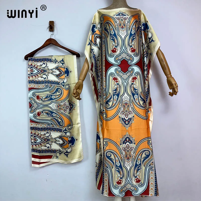 WINYI Africa boho print dress for women Dubai Muslim Dashiki abaya holiday Design With belt evening dress caftan party kaftan