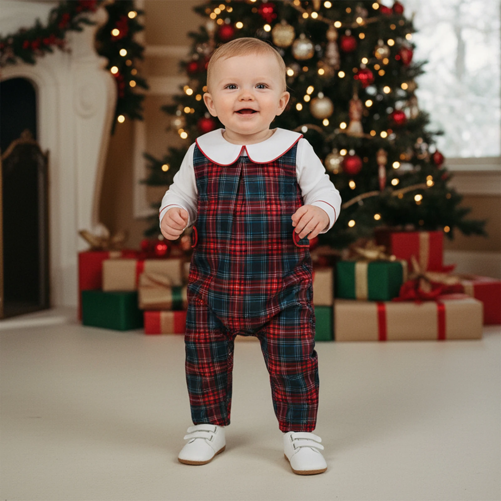 Baby Boys Christmas 2 Piece Outfit Cute Long Sleeve Doll Collar Shirt Tops Plaid Overalls Set Xmas Clothing