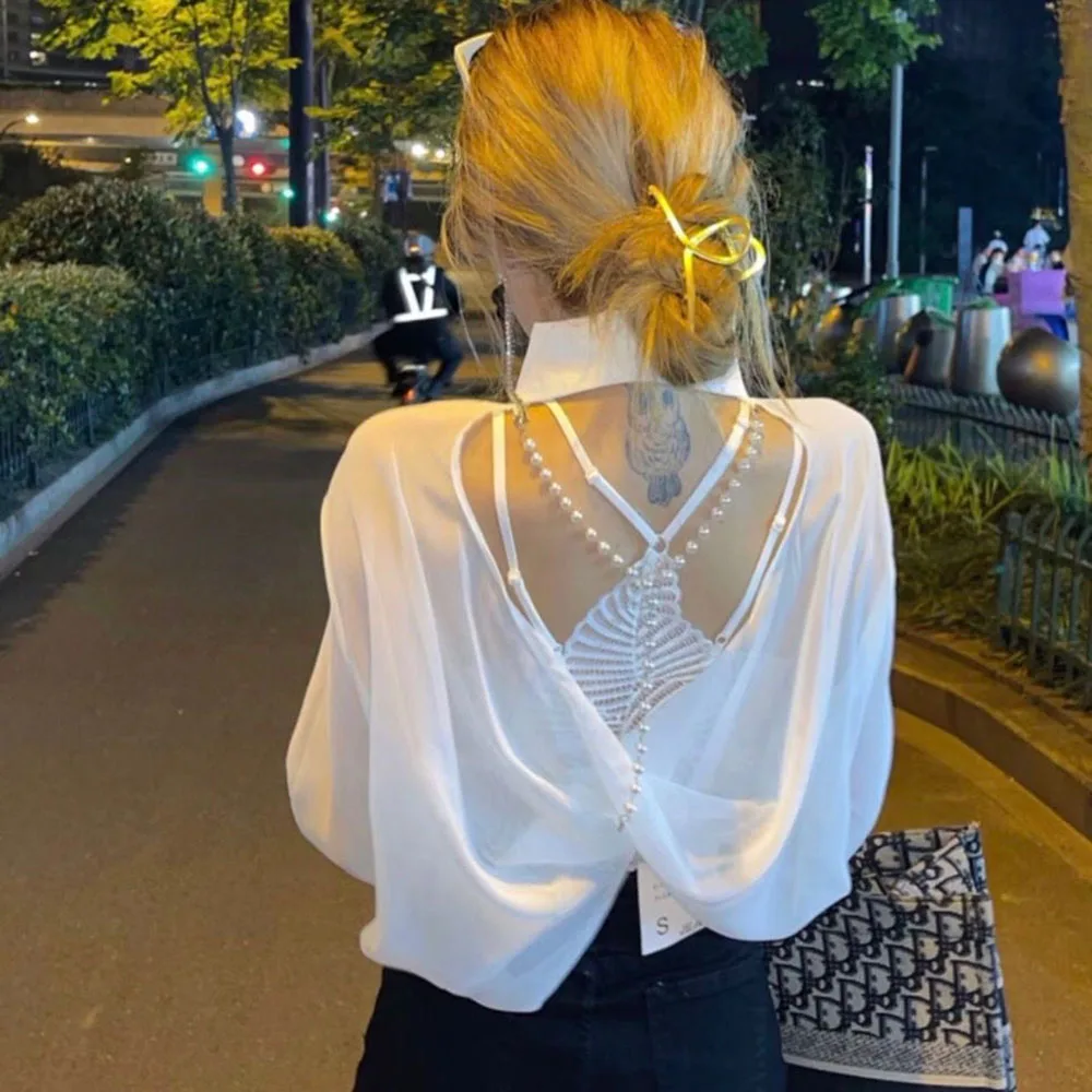 แฟชั่นชีฟอง Backless ครีมกันแดดเสื้อแขนยาวผู้หญิงเสื้อลูกไม้ Camisole กลับฤดูร้อนสุภาพสตรีเสื้อ Top