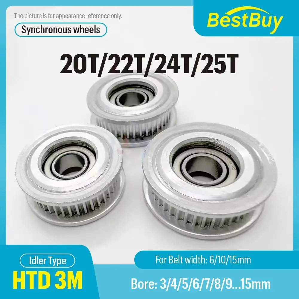 HTD 3M Tensioner Adjustment Guide Wheel with Bearing 20T/22T/24T/25 Teeth Timing Idler for Belt Width 6/10/15mm Bore 3/4-9mm