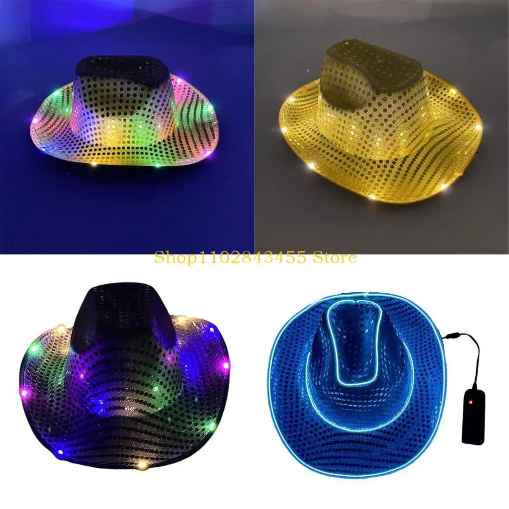 49MC Cowboy Hats Glinting Sequins Panama Light Up Cowboy Hats Glowing Panama Hat for Music Festivals Sparkly Cowboy Hats