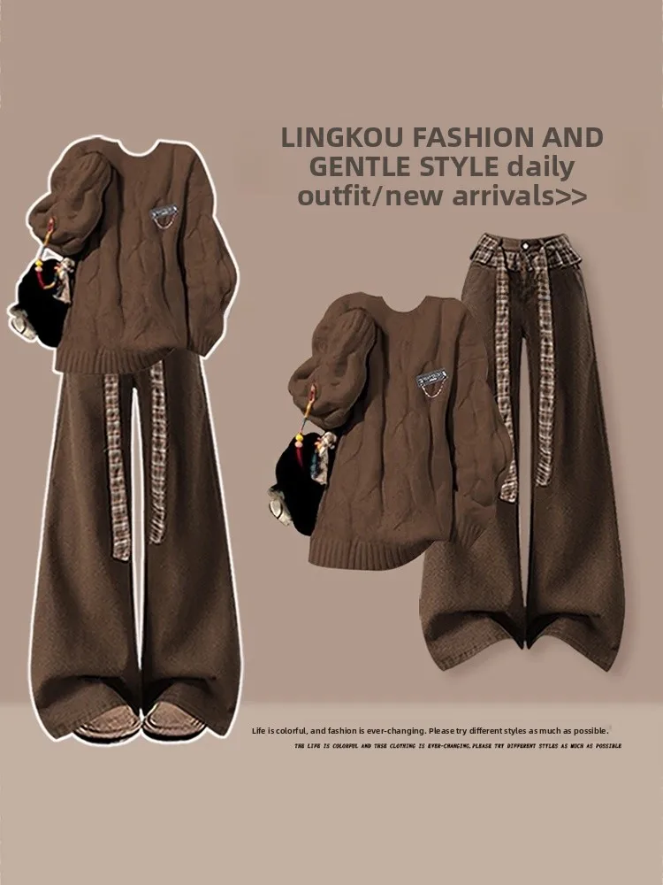 

Вязаный свитер и джинсы в стиле ретро, комплект больших размеров, осень-зима, повседневный, с высокой талией, свободный крой, американский комплект из двух предметов, женский...