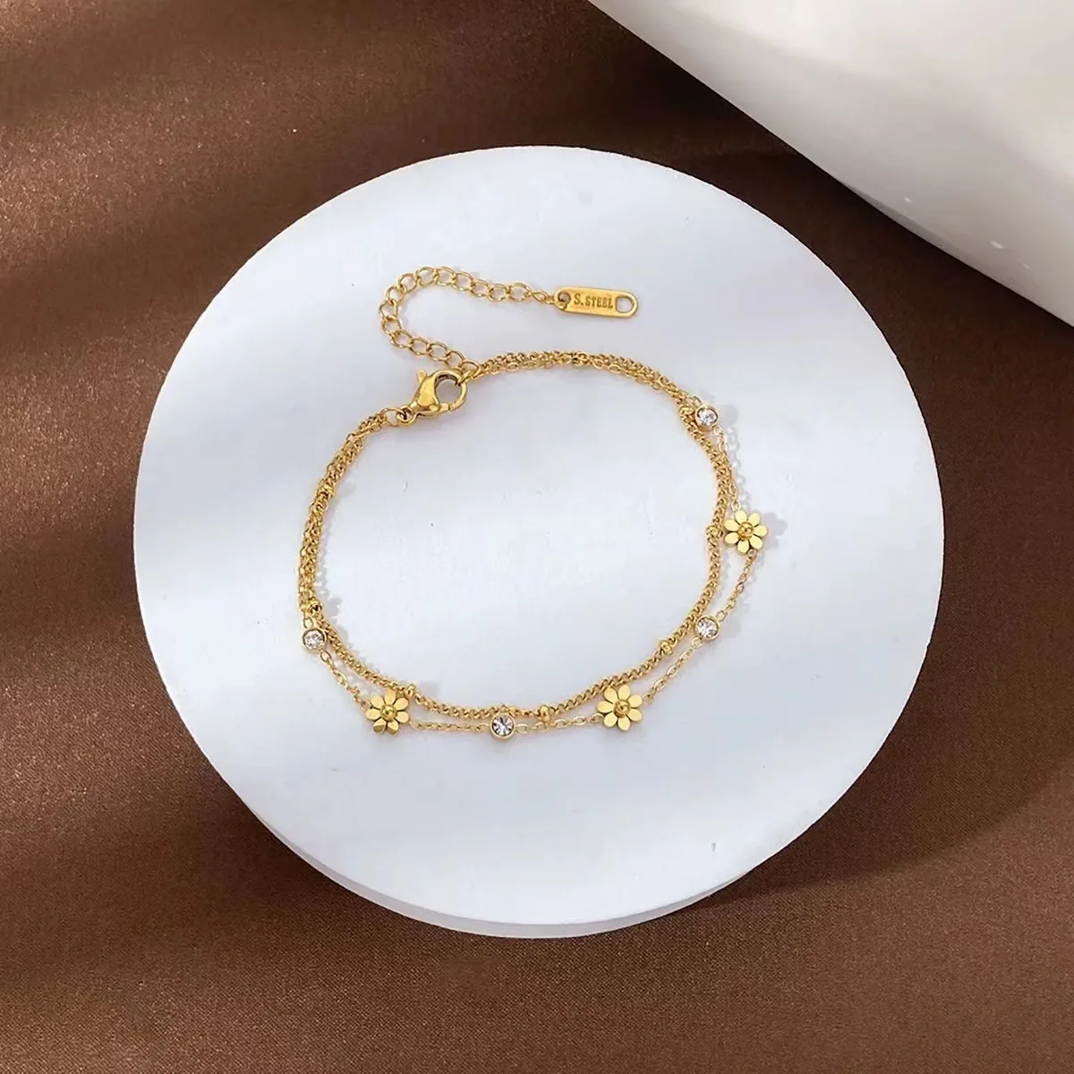316L Stainless Steel New Fashion Fine Jewelry 2 Layer Embed Zircon Daisy Flowers Charm Chain Bracelets Bangles For Women