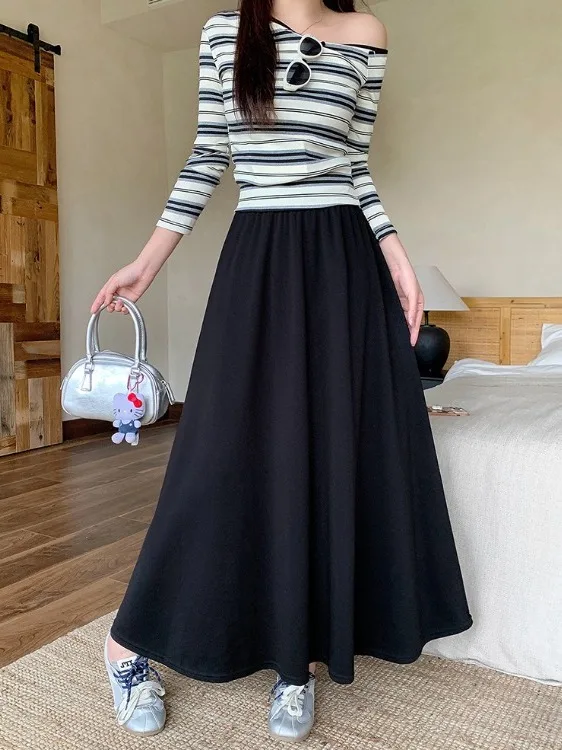 

Женская юбка миди больших размеров в свободном стиле, с драпировкой, с завышенной талией, повседневная, А-силуэт, модная, осенняя новинка, в корейском стиле