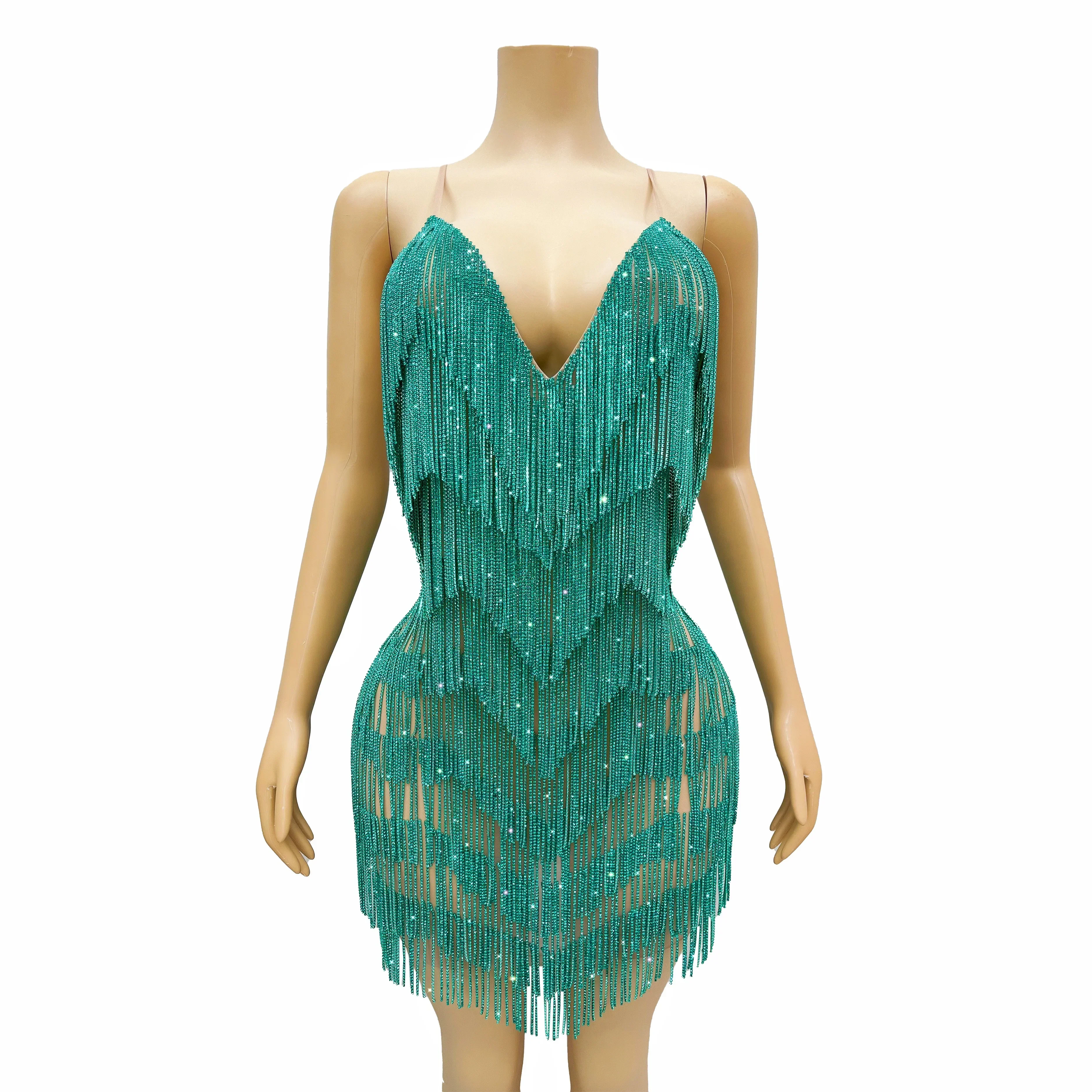 luxurious Peacock Green Gold Silver Crystals Fringes Sexy Backless Dress V Neck Performance See Through Outfit Chains Costume