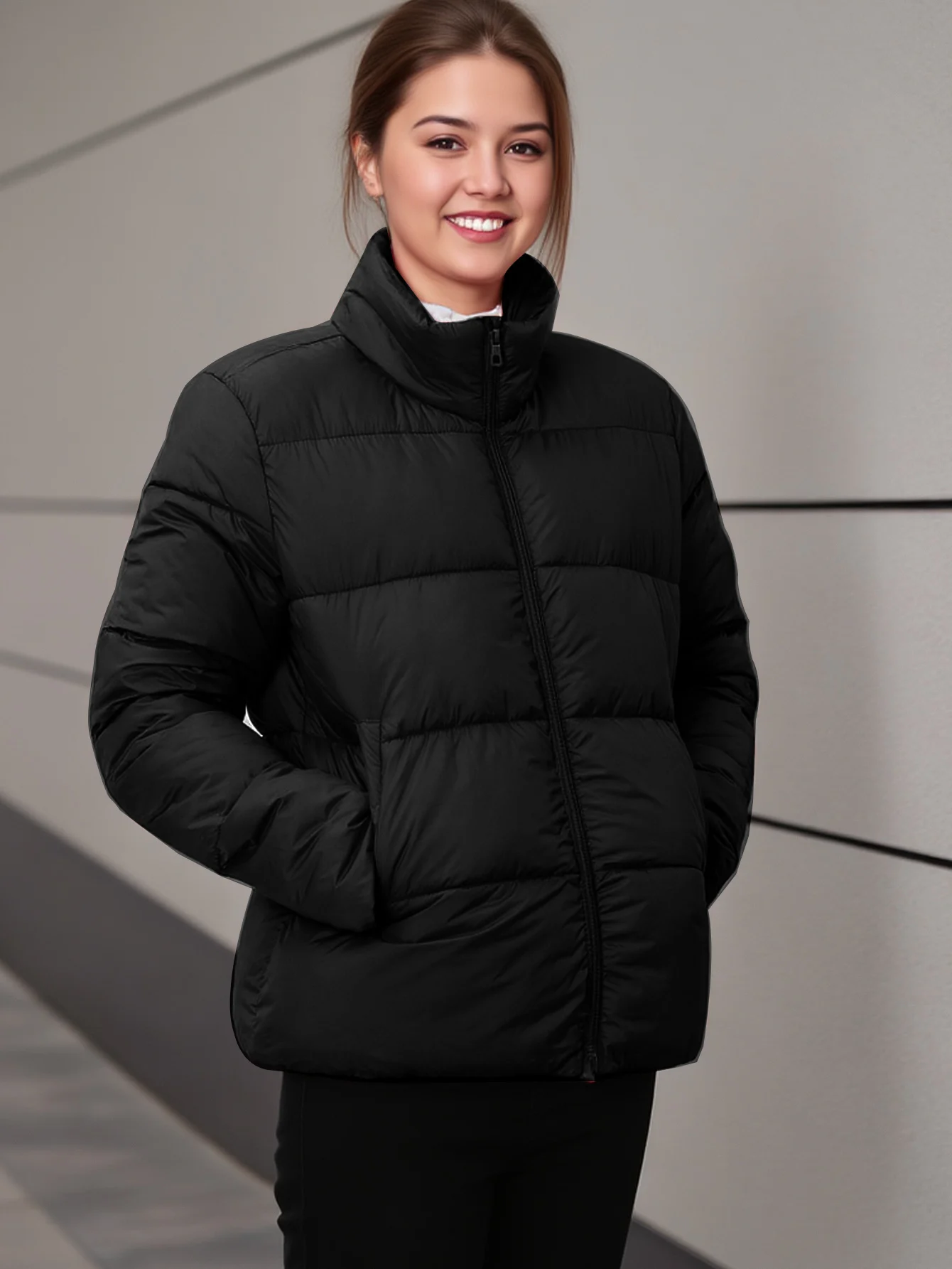 Jaqueta acolchoada casual feminina inverno quente com zíper