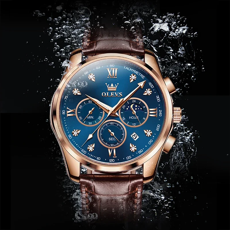 OLEVS 2888 Casual Fashion Rose Gold Men Quartz Watch Multifunctional Chronograph Watch Genuine Leather Watches Reloj