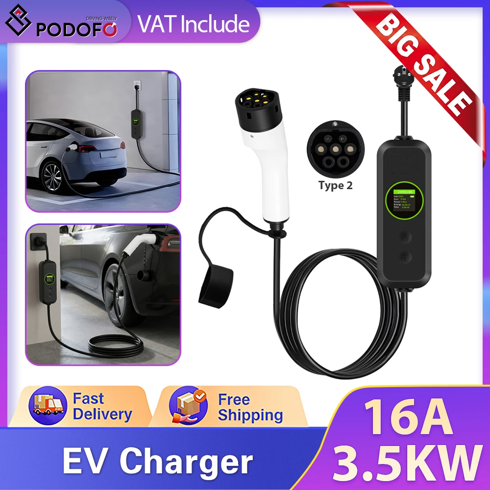 Câble de charge portable pour véhicule électrique Podofo Type2 16A 3.5KW 5M 8/10/13/16A IPX5 pour Mercedes Hyundai Tesla