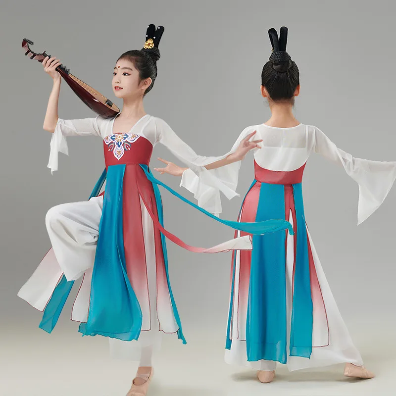 Girls' classical dance performance costumes, elegant Chinese fan dance gauze clothing, children's Han and Tang martial arts danc