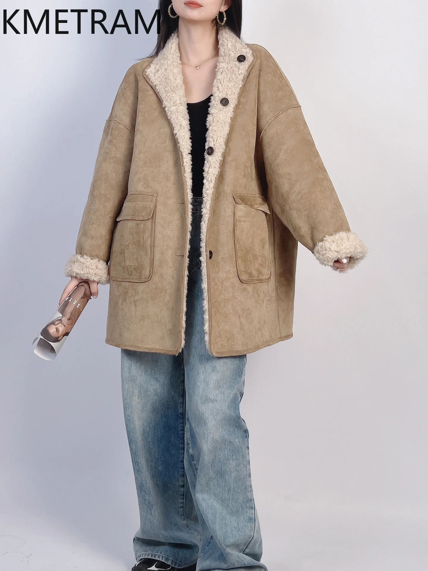 معاطف صوف 100% من KMETRAM للنساء معطف متوسط الطول قابل للعكس ملابس شتوية سترة قص الأغنام الفضفاضة 2025 أسلوب نسائي