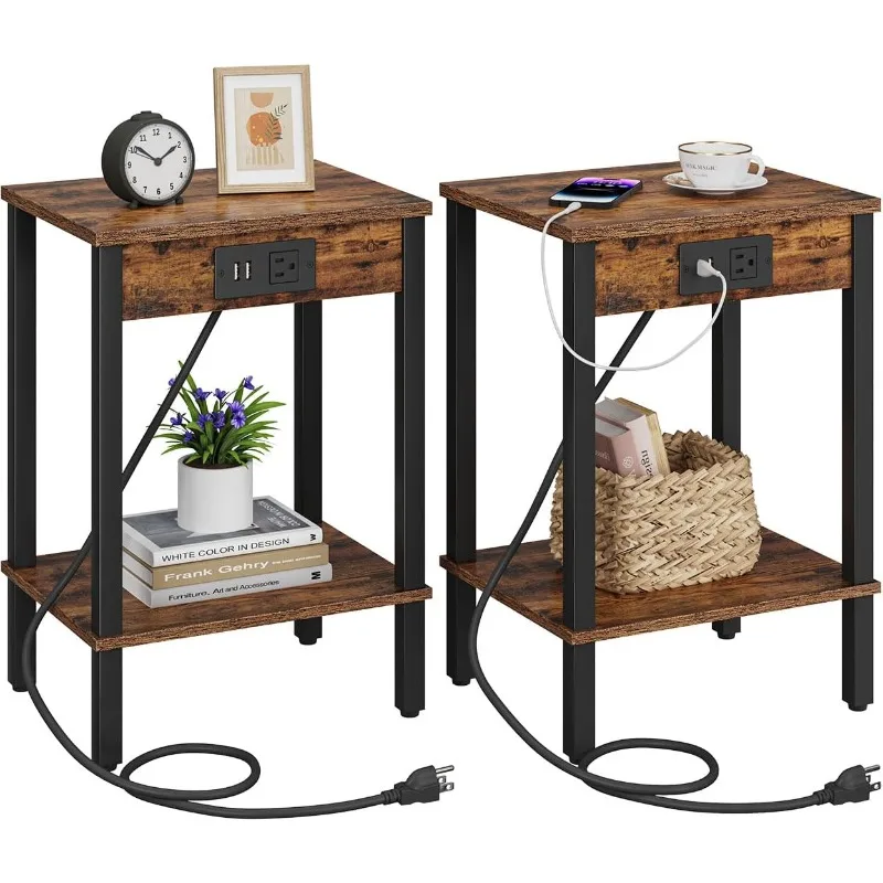 

Set of 2 End Table with Charging Station, Narrow Side Table with USB Ports and Outlets, Nightstands with 2-Tier Storage Shelves,