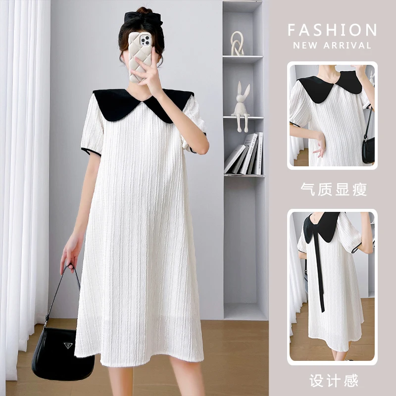 Korean Style Loose Peter Pan Collar Short Sleeve Maternity Pleated Dress with Bowknot Elegant Pregnant Woman Pleated Mini Dress