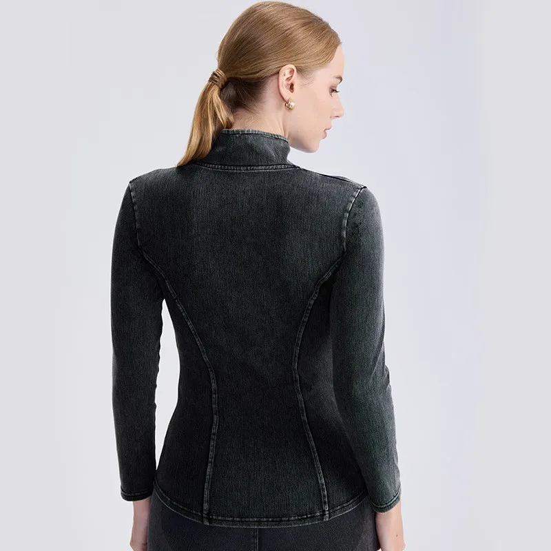 Women's Jacket High Neck Long Sleeve Medium Blue Denim Jacket Slim Fit Black Jean Jacket Two Pockets Raglan Sleeve Zip Up Jacket