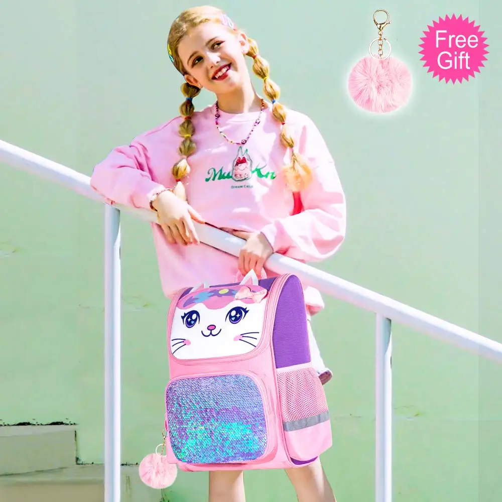 

3PCS Kids Cat Backpack for Girls, 15" Sequin Bookbag with Lunch Box, Pink School Bag for Elementary Preschool Toddler