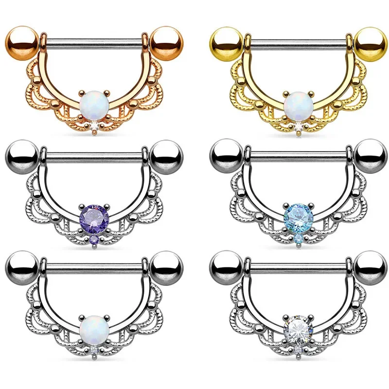 

10Pairs Popular Stainless Steel Zircon Nipple Ring Body Jewelry for Women White Opal Straight Bar 14G 16MM