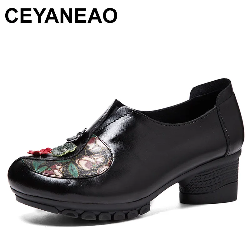 

Retro Genuine Leather Ethnic Comfy Spring Autumn Mom Slipon Women Print Flower High Heel Non Slip Soft Sole Shoes