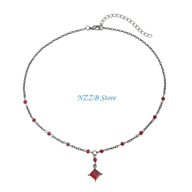 

T21F Crystal Accented Square Pendant Alloy Chain Necklace Adjustable Neckchain For Layering Special Event Gift Giving