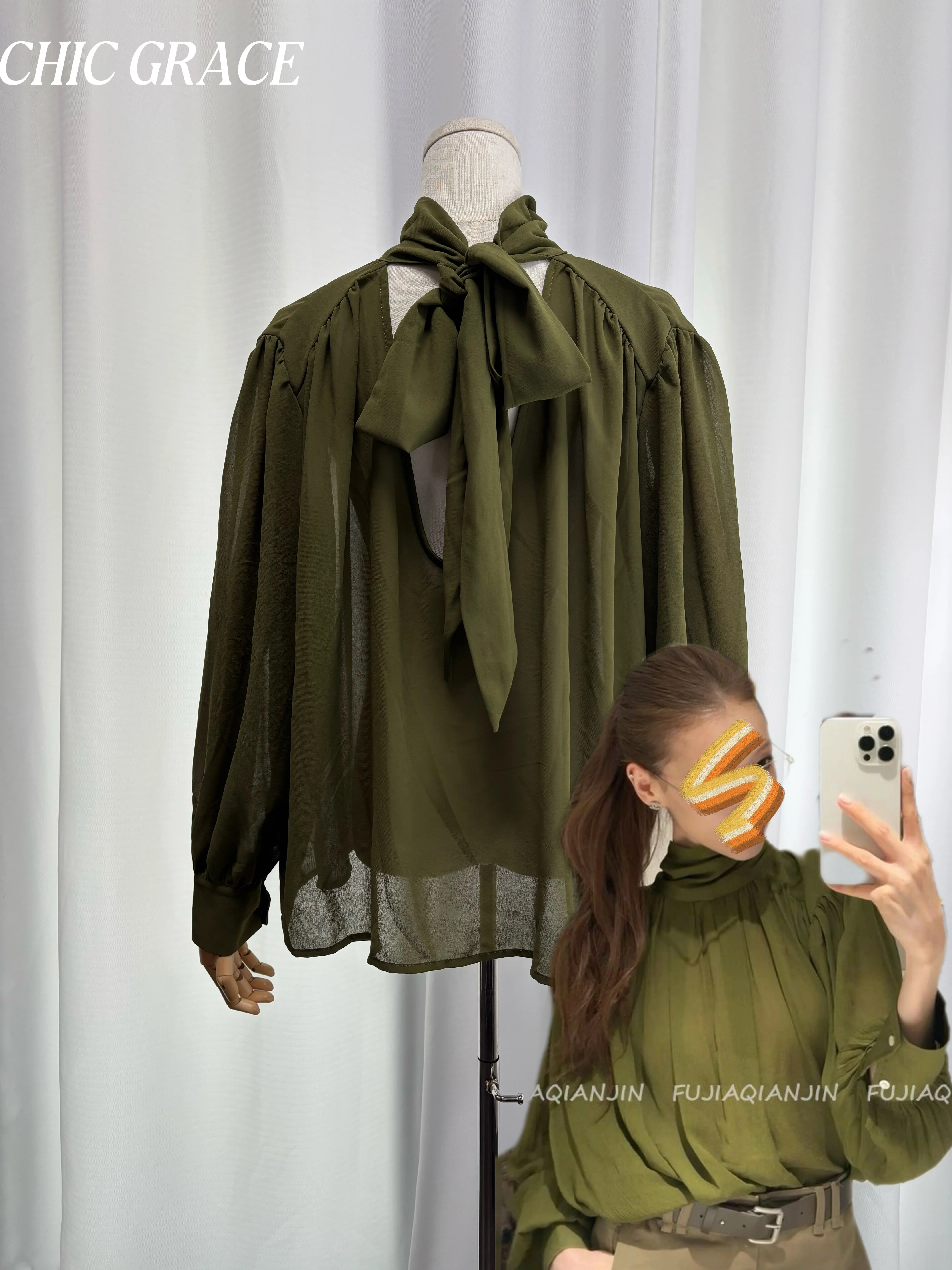 Real shot Women's French Vintage Green Tie Neck Long Sleeve Blouse Autumn Elegant Chic Loose Slimming Versatile Unique Top Fashi