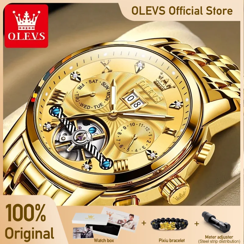 OLEVS Top Brand Men Watches Automatic Mechanical Watch 50M Waterproof Stainless Steel Skeleton Design Watches Reloj de hombre