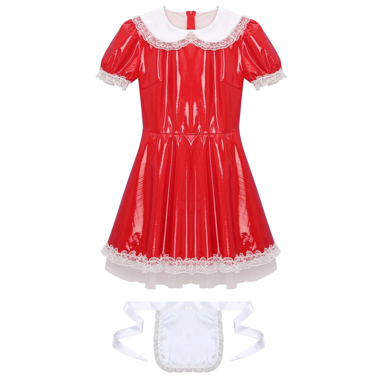 Mens Sissy Servants Maid Dress Halloween Party Cosplay Crossdresser Costume Doll Collar Lace Patent Leather A-Line Dress+Apron