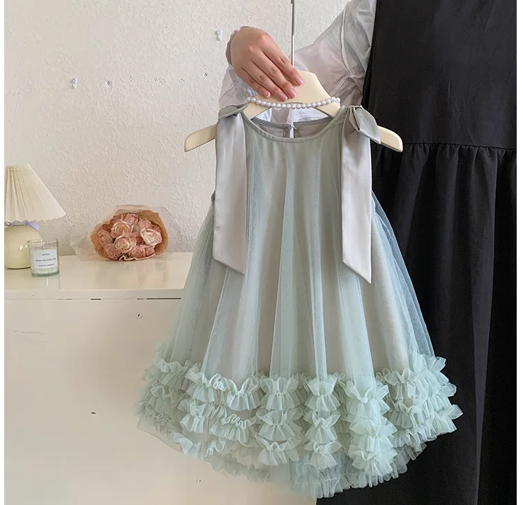 Kid Gir Autumn Bow Shaped Straps Fashion Layered Ruffled Hem Cute Children Skirt Summer Casual Wearl Solid Color Tulle Dress