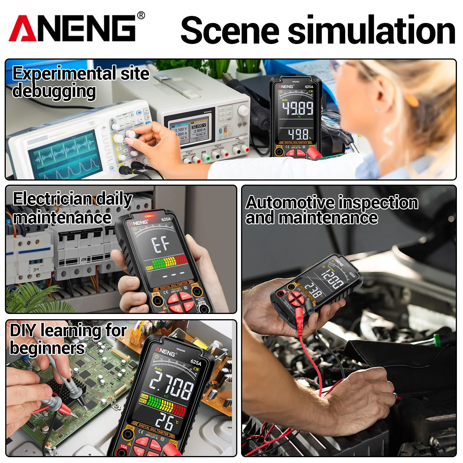 ANENG 625A Digital Multimeter 6000 Counts True RMS 1000V AC/DC 10A NCV Temp Rechargeable Auto-Ranging VA Screen Portable Tool