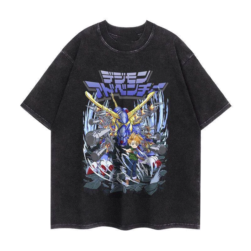 Pop Anime Digimon American Street Washable Short-sleeved T-shirts for Men and Women Cartoon Round-neck Loose Retro Couple Tops