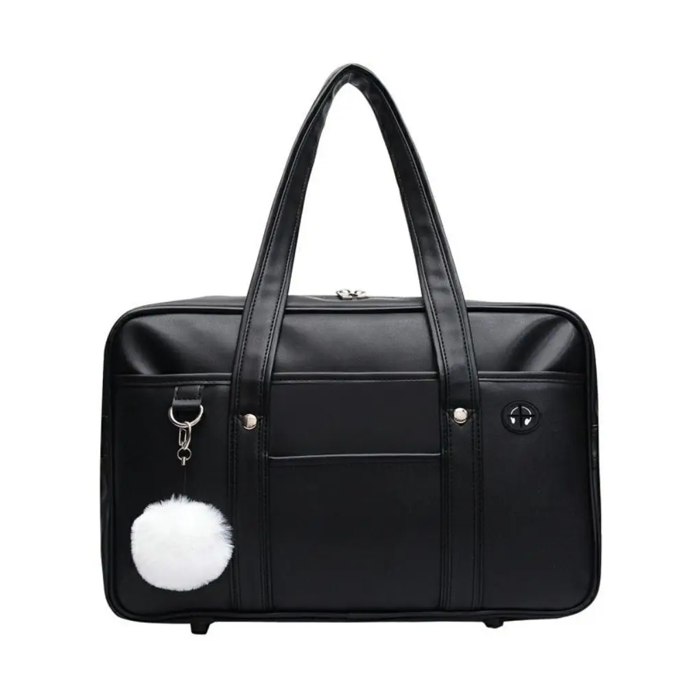 Creative Gift with Plush Ball Pendant PU Handbag Casual PU Leather Shoulder Bag Large Capacity Black Color Travel Bag