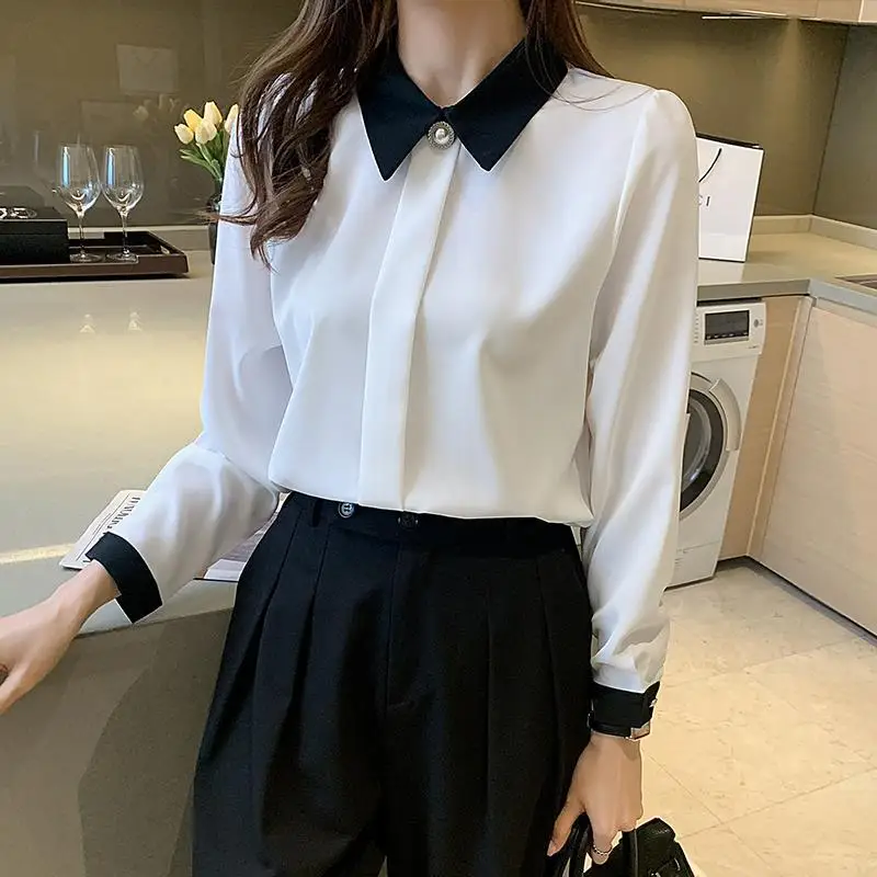 2024 Spring and Autumn Korean Fashion Minimalist Versatile Long Sleeve Blouses Loose Collar Solid Color Button Women\'s Shirt Top