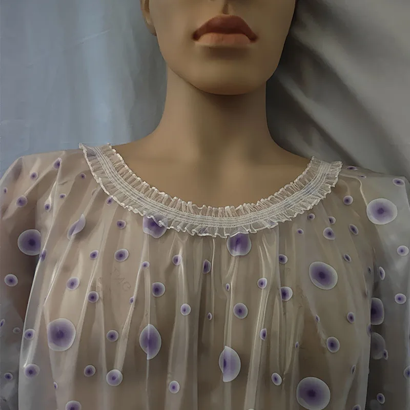 

PVC Sexy Big Polka Dot Long Sleeved Lace Men Round Neck Dress Sheer Soft Silent Loose Women Erotic Plastic Long Skirt ABDL