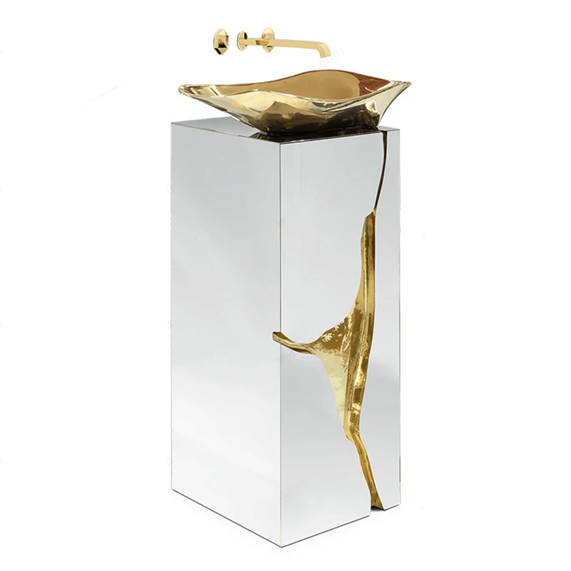 

Italian light luxury stainless steel washbasin villa hotel high-end design integrated column basin creative metal washbasin
