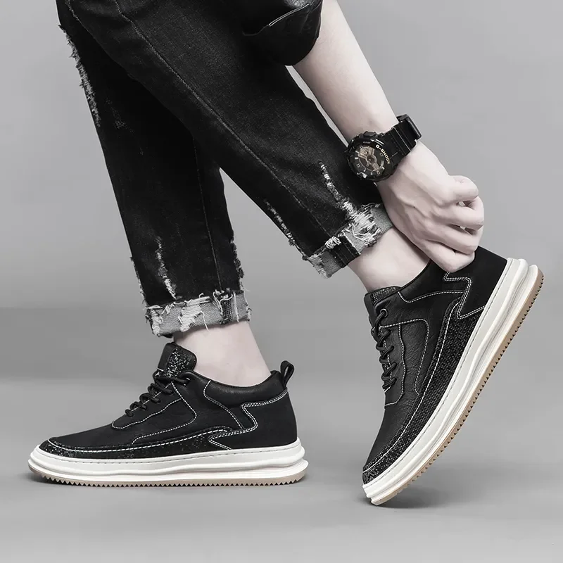 Genuine Leather High Quality Mens Sneakers Fashion Lace-Up Male Elevator +6cm Casual Shoes New All-match Skate Footwear