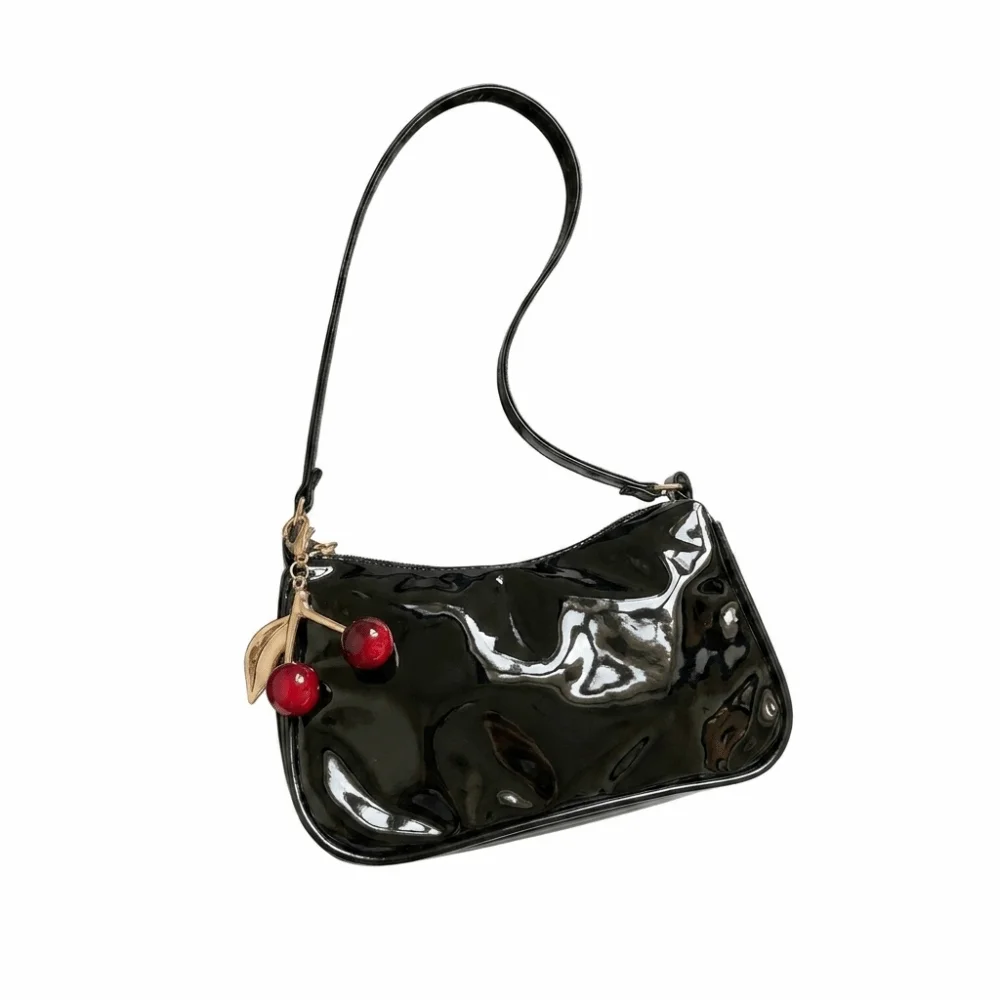 Portable Solid Color Women Shoulder Bag Korean Style With Cherry Pendant Crossbody Bag PU Leather Handbag Underarm Purse Women