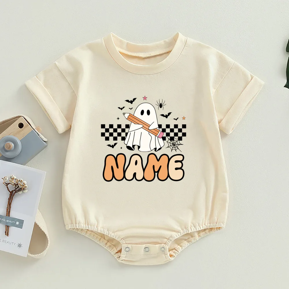 Personalized Ghost Name Baby Bubble Romper Custom Name Retro Halloween Natural Bodysuit Infant Ghost Jumpsuit Halloween Clothes