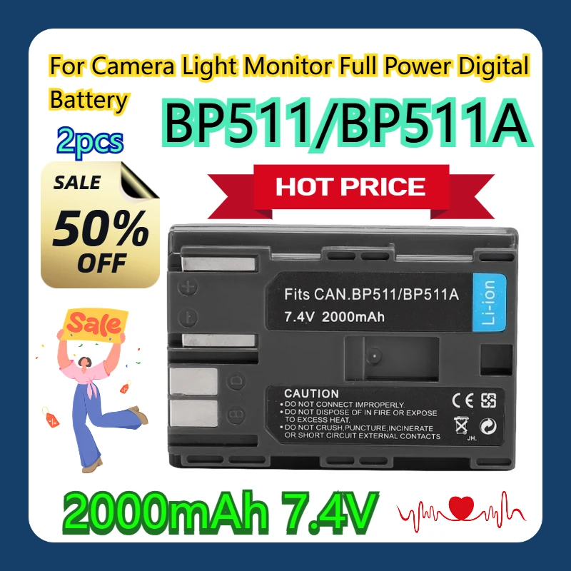 

2pcs For Camera Light Monitor 2000mAh 7.4V BP511/BP511A Full Power Digital Battery