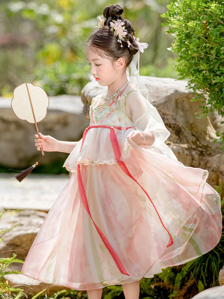 Hanfu ชุดเดรสฤดูร้อนของเด็กผู้หญิงใหม่2024สไตล์โบราณกระโปรงปักสไตล์เด็กผู้หญิงตัวเล็กชุดจีนสไตล์จีน