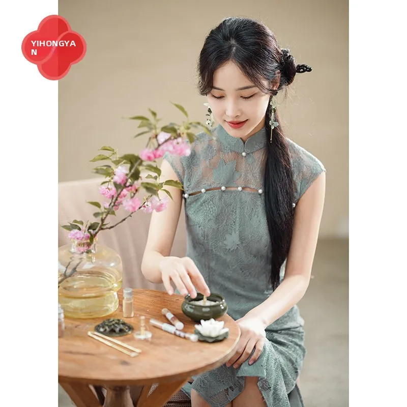 

Элегантное кружевное платье Ele Red Face Porcelain 2026: Новинка лета, европейский стиль, высококачественное кружево, улучшенный китайский дизайн, повседневное, приталенное.